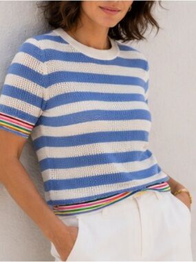 NWT Sugarhill Brighton Arden Knit Top Blue White Rainbow Tipping Cotton Size 10